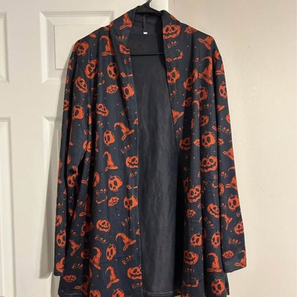 Women’s 2XL Halloween Cardigan Black Orange Pumpkin Skull Witch Hat Open Front